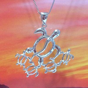 Silver X-Large Mom 4 Baby Turtle Pendant Necklace